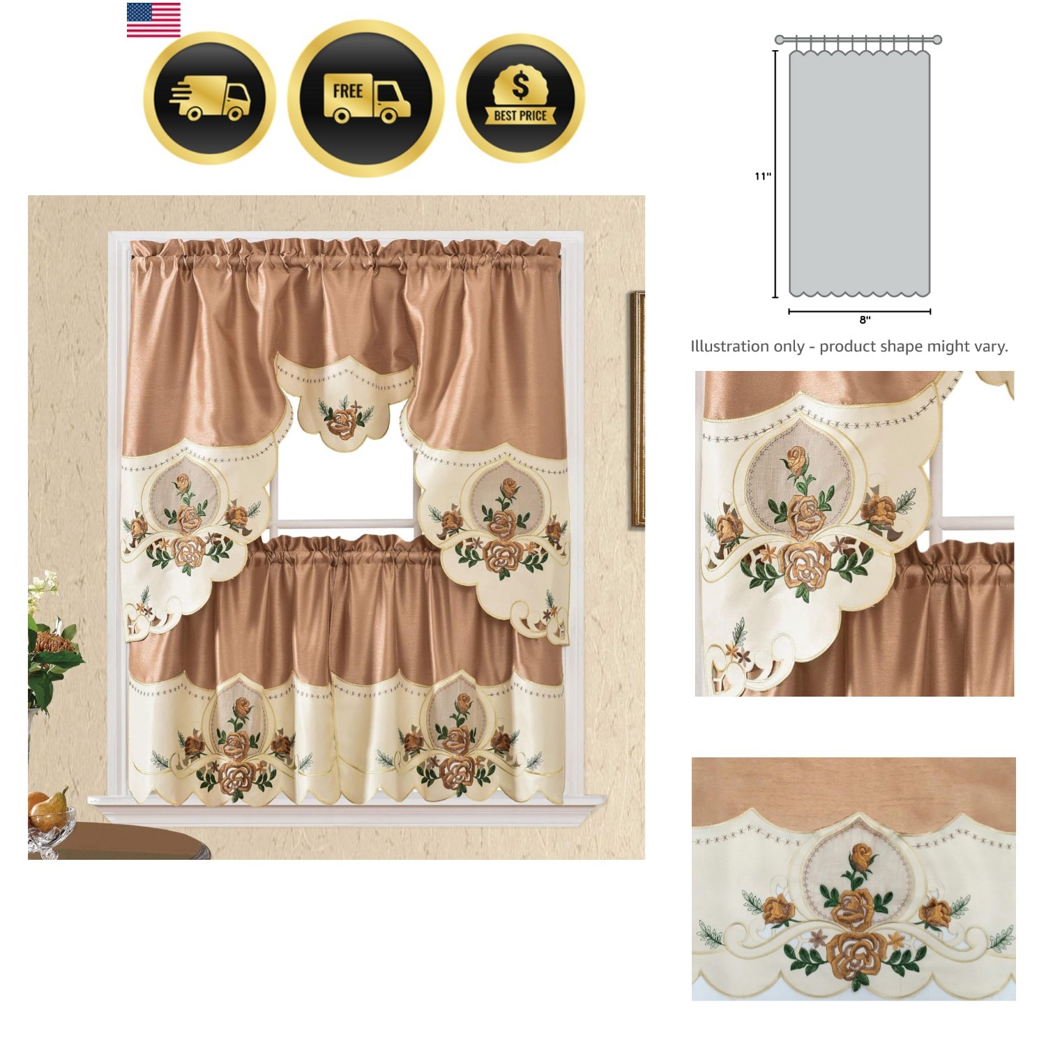 GOHD Rose Melody. 3pcs Kitchen Cafe Curtain Set. Swag and 24 inches Tiers Set…