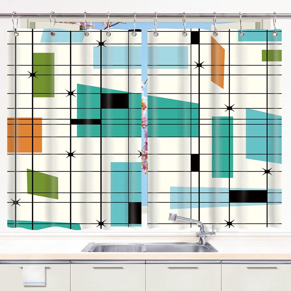 Retro Modern Curtains Window Drapes 2 Panel Set with Hooks Waterproof Fabric