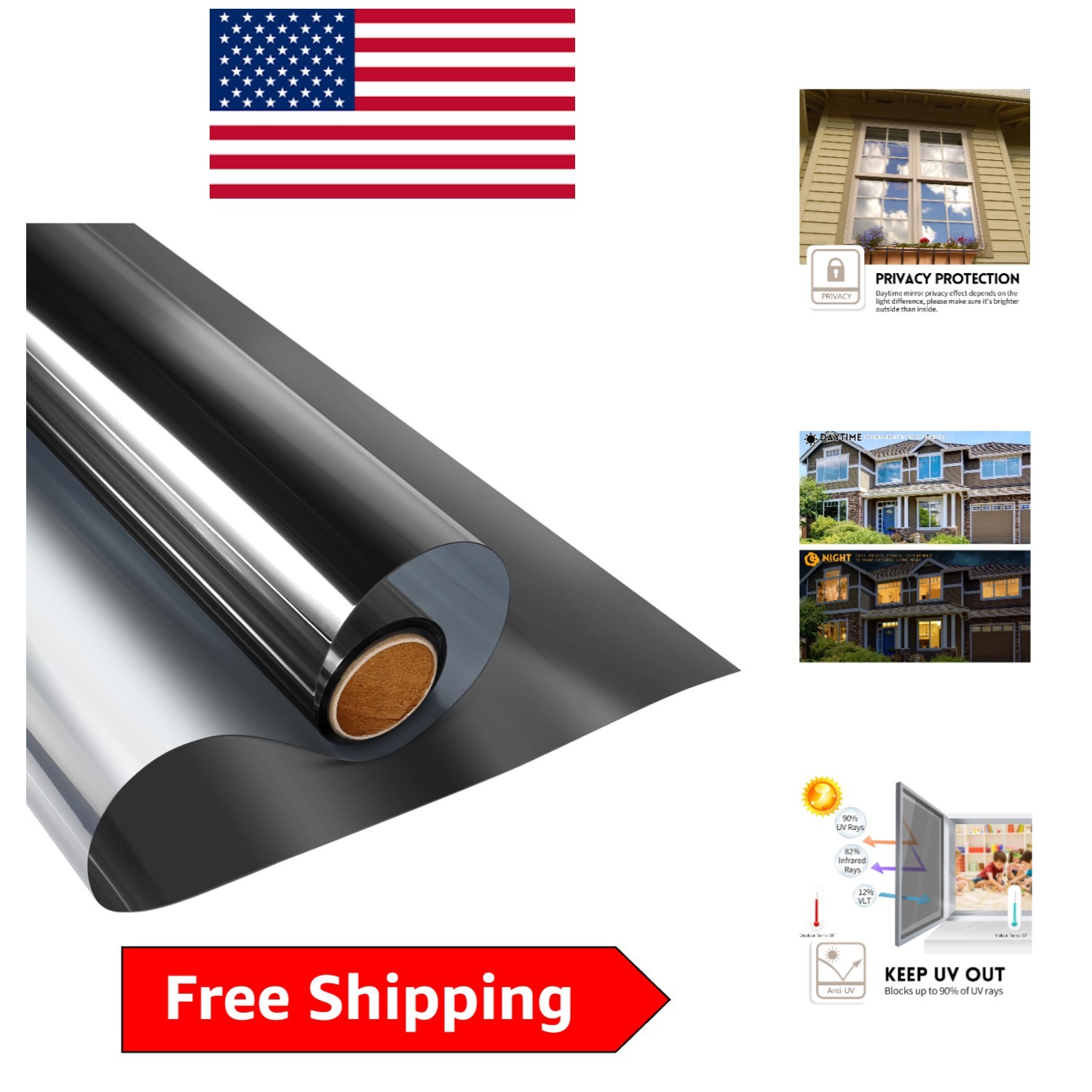 Privacy Window Film – One Way Reflective Tint for Daytime Use (35.4 x 78 in)