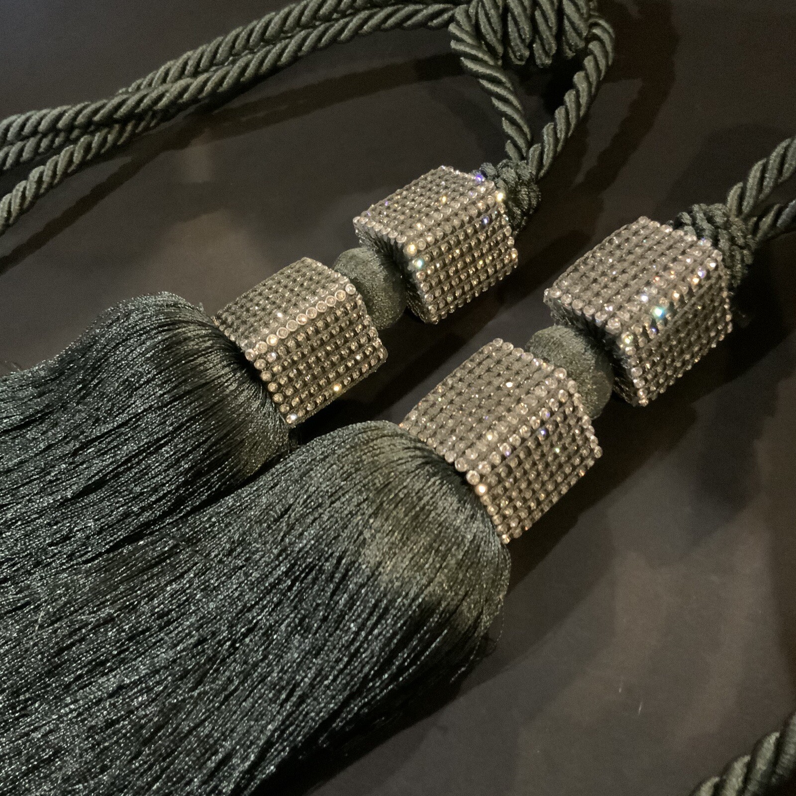 Drape Curtain Tie Backs Rhinestones Dark Gray Long Hollywood Regency #20