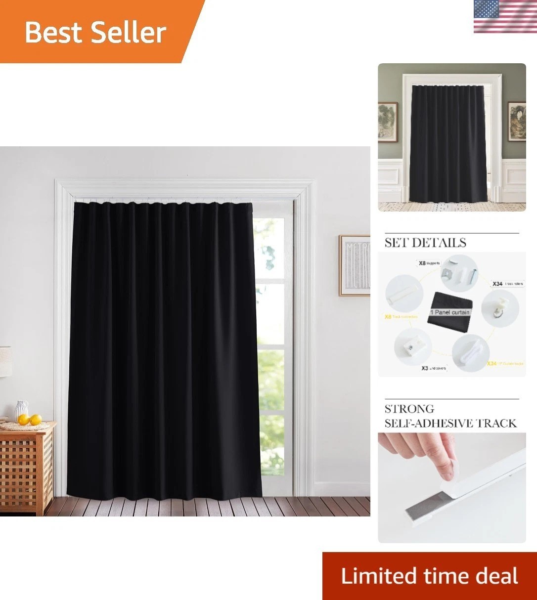 Blackout Room Divider Curtain 10ft Wide x 8ft Tall – Easy Adhesive Installation