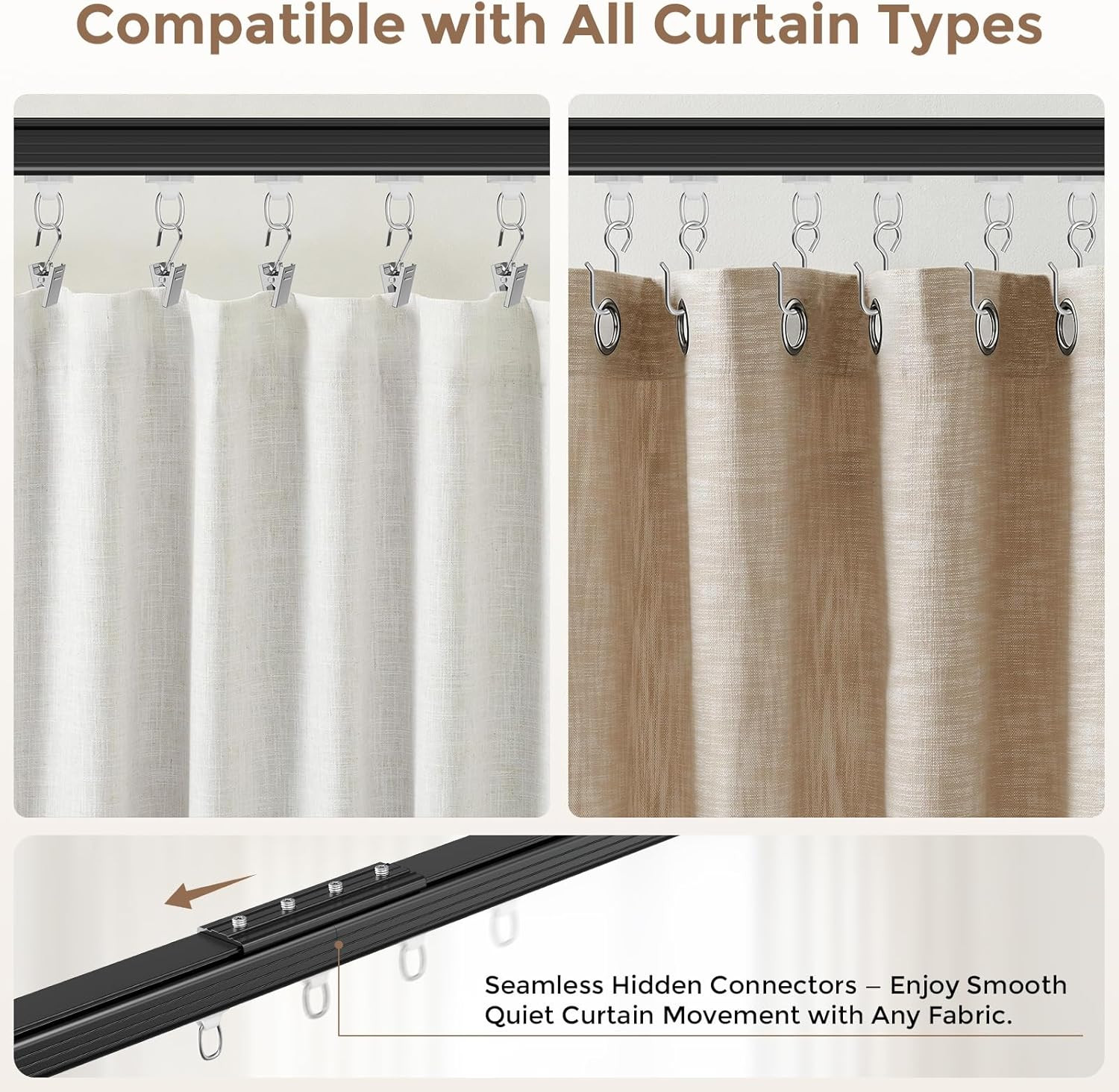 Heavy Duty Black Ceiling Curtain Track 3-6 Ft with Rollers & Hooks