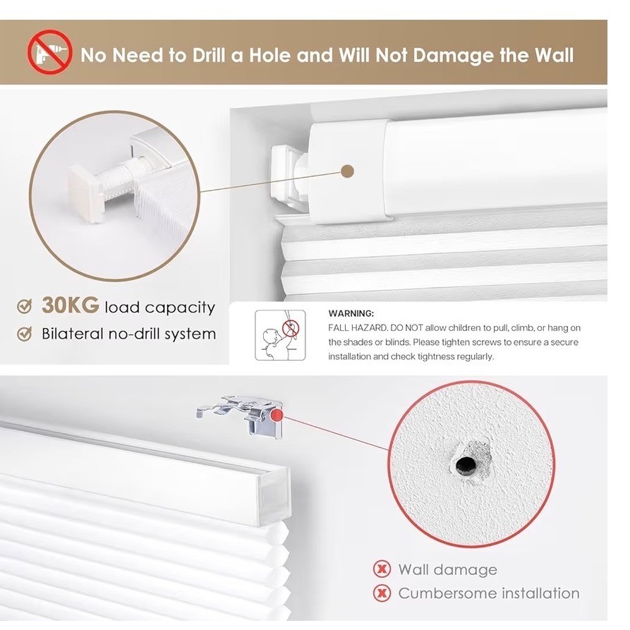 No Drill Cordless Cellular Shades Top Down Bottom Up Blackout White 22″X48″