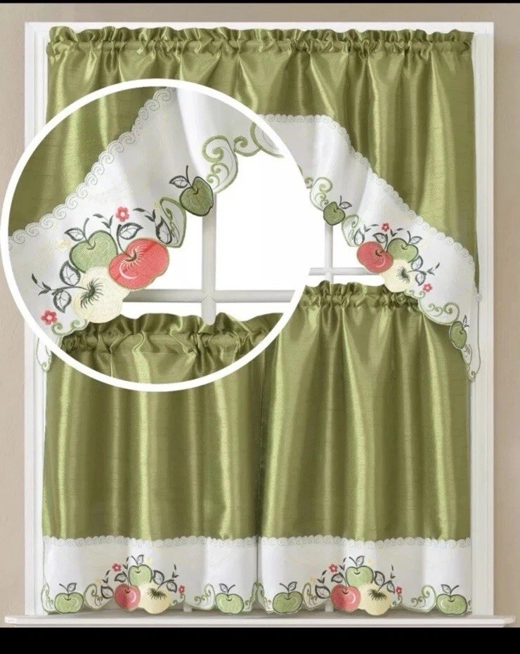 Apple Embroidered Kitchen Curtain & Tiers Set Green White Polyester Classic