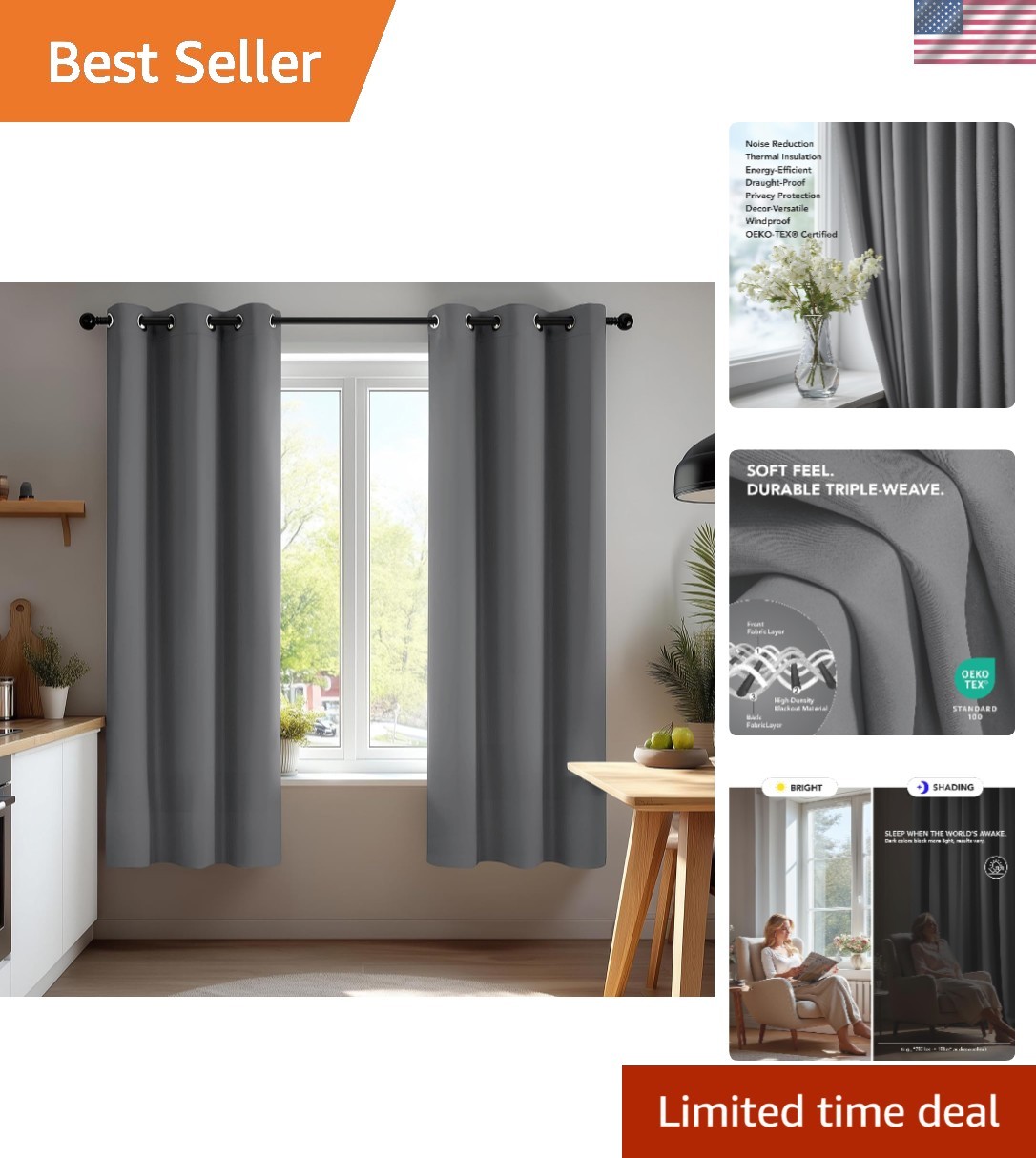Thermal Insulated Light Gray Room Darkening Curtains 42W x 45L Inch – 2 Panels