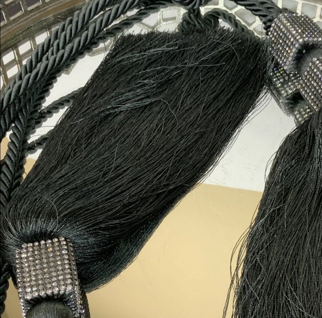 Drape Curtain Tie Backs Rhinestones Dark Gray Long Hollywood Regency #20
