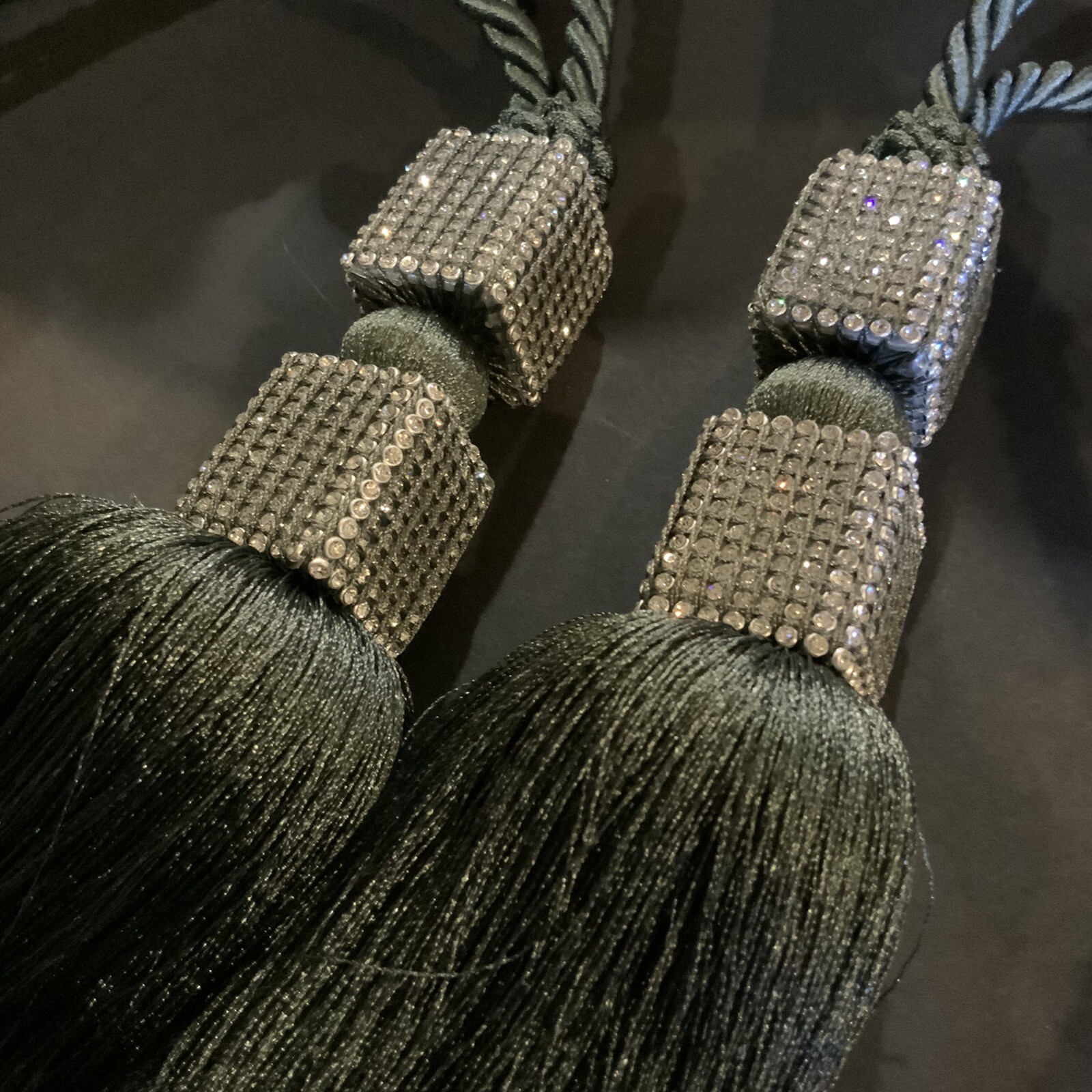 Drape Curtain Tie Backs Rhinestones Dark Gray Long Hollywood Regency #20