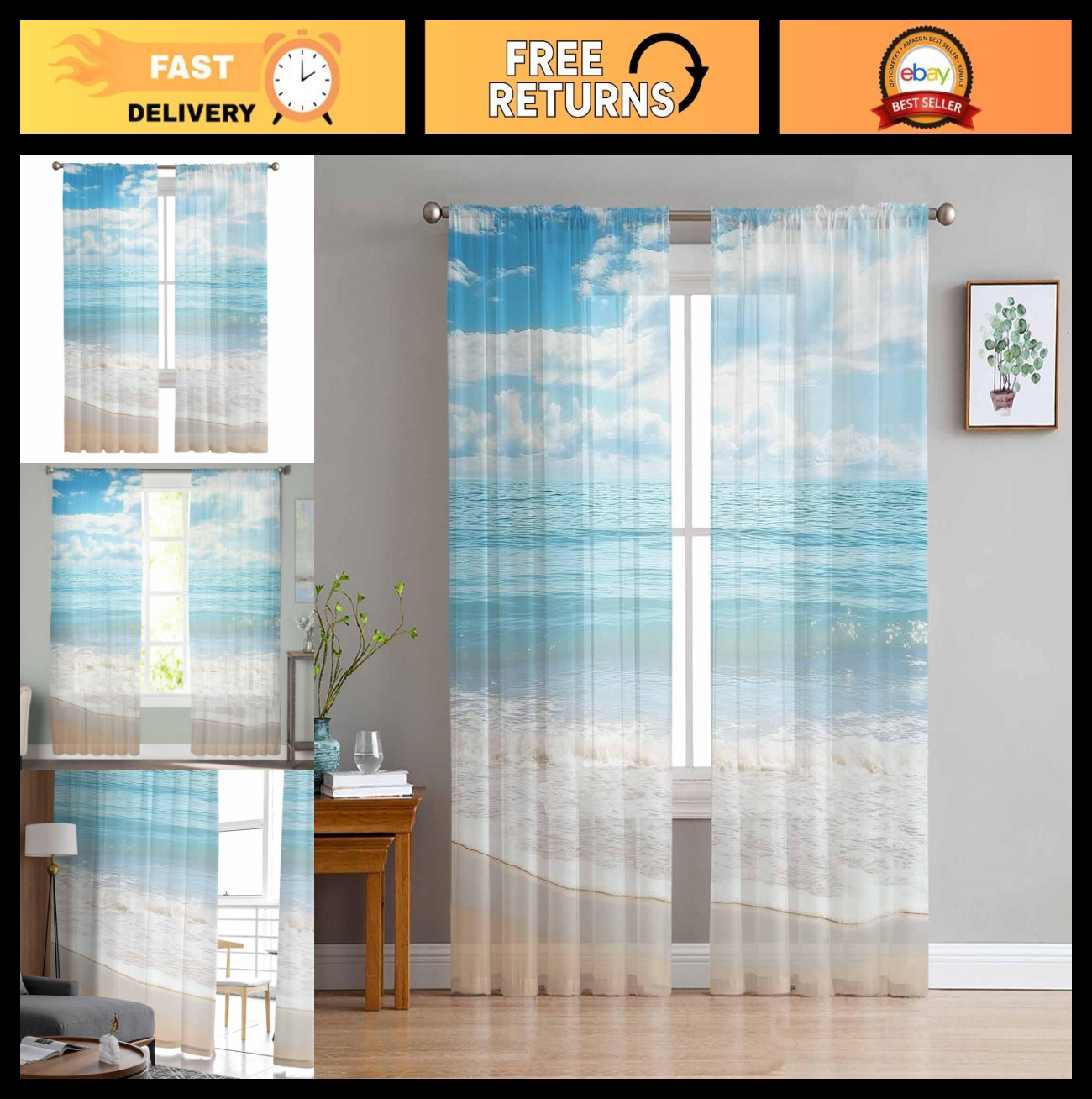 Tropical Ocean Beach Sheer Curtains 63″ – 2 Panels for Living Room/Bedroom, Semi