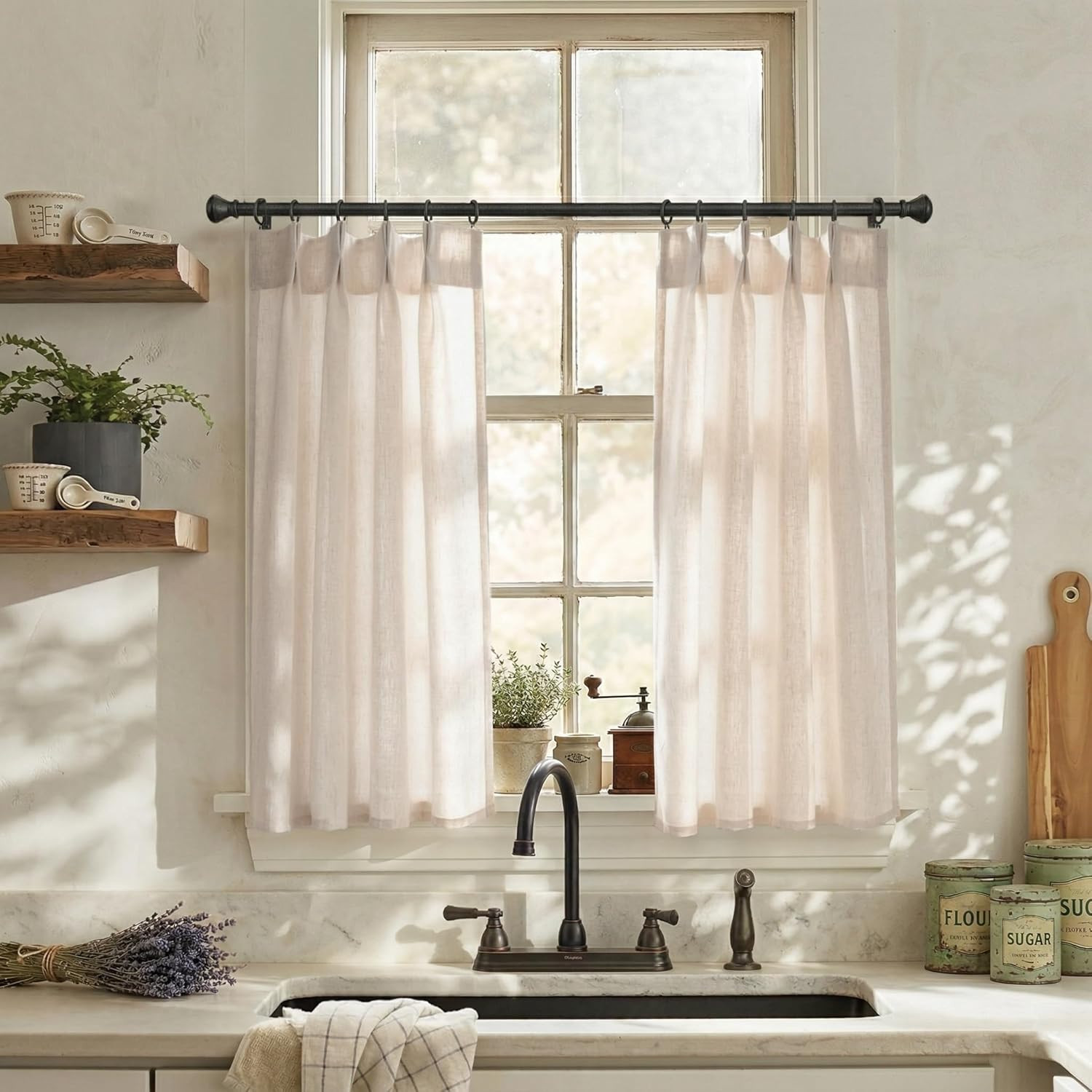 Primitive Curtains for Cabin,Faux Linen Look Sack Cloth Sheer Vintage Retro Curt
