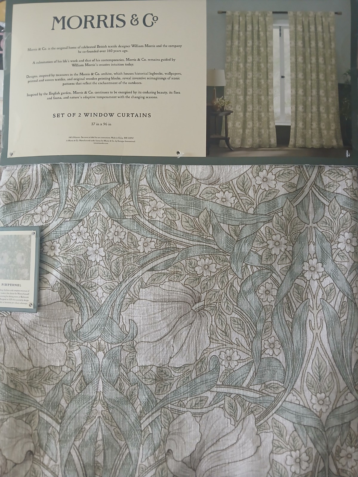 William Morris & Co Pimpernel Curtains Set 2 Panels 37×96 Floral Drapes