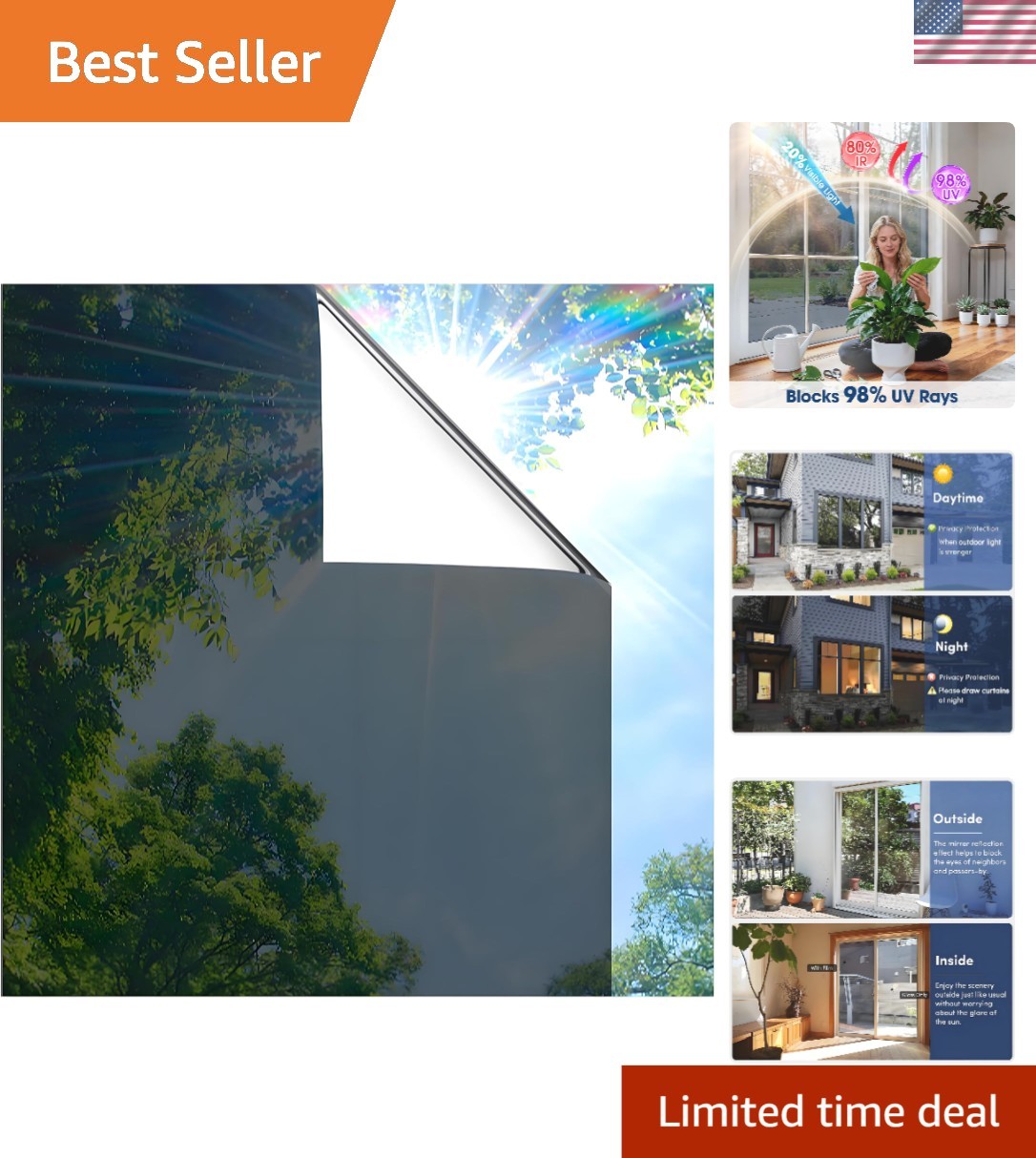One Way Privacy Window Film – 23.6×157.5 Inches, UV Blocking and Heat Control
