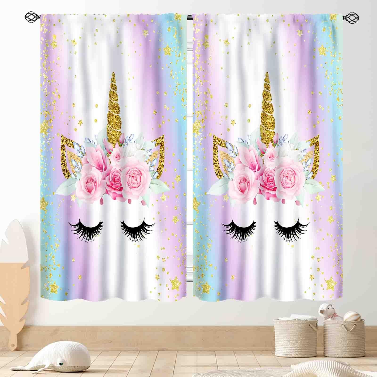 Unicorn Curtains for Girls Bedroom, Ombre Rainbow Pink Gold Princess Unicorn