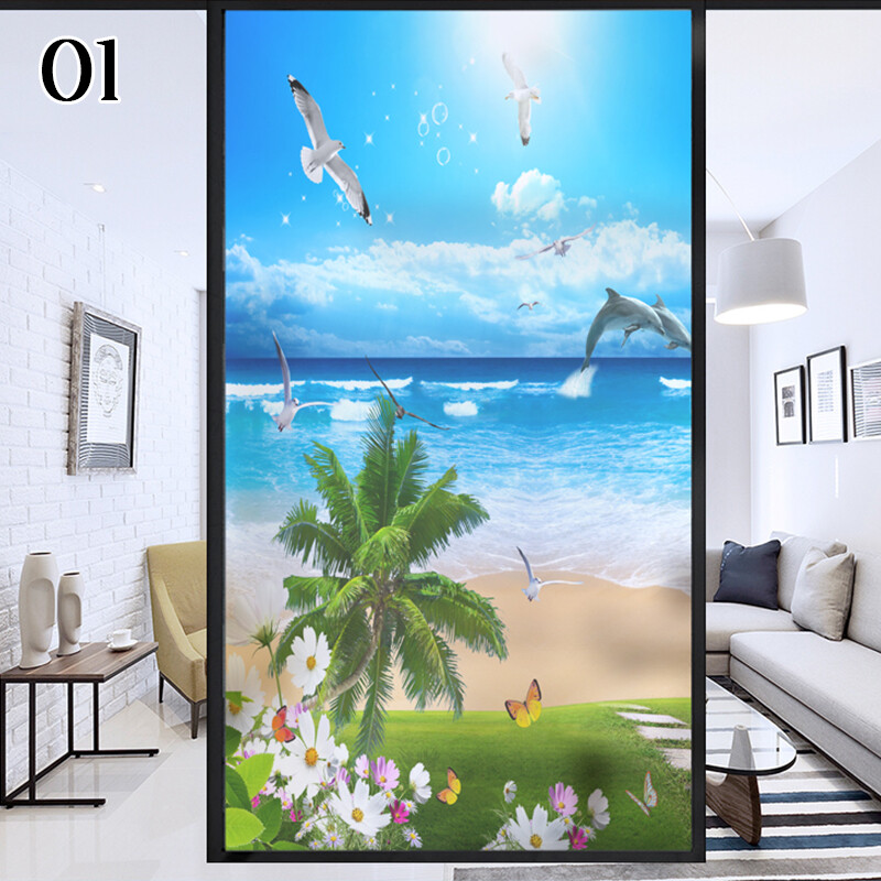 Frosted Window Film Decorative Seaside Beach Glass Stickers Static US