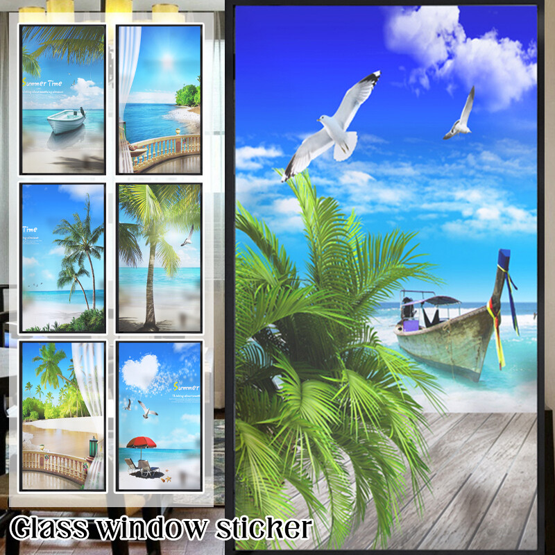 Frosted Window Film Decorative Seaside Beach Glass Stickers Static US