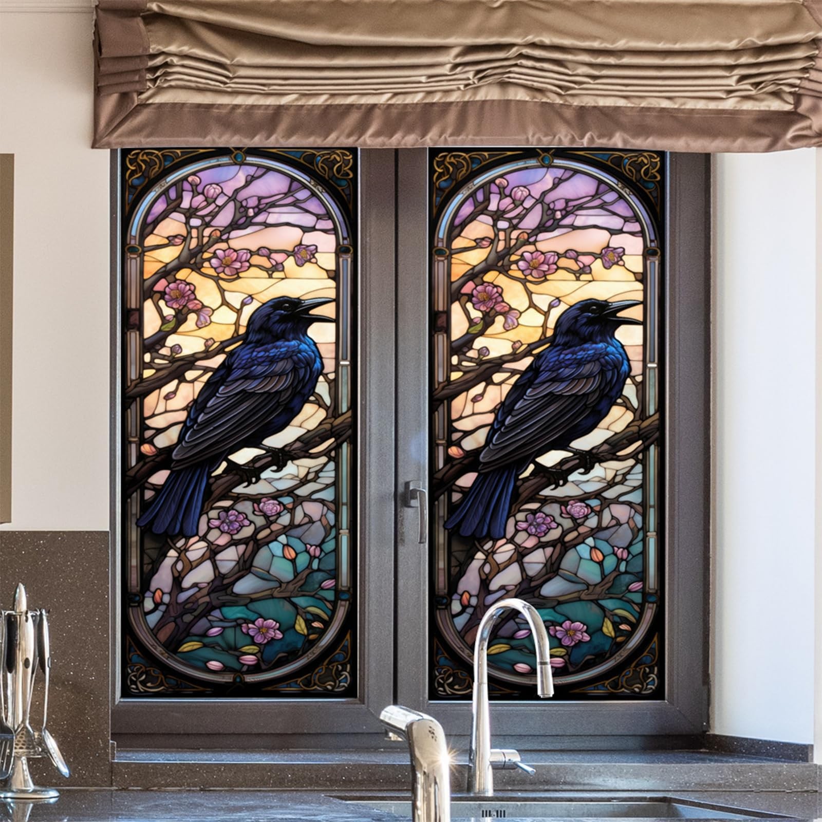 Window Privacy Film Crow Stained Glass Self-Adhesive Two Way Day and Night De…