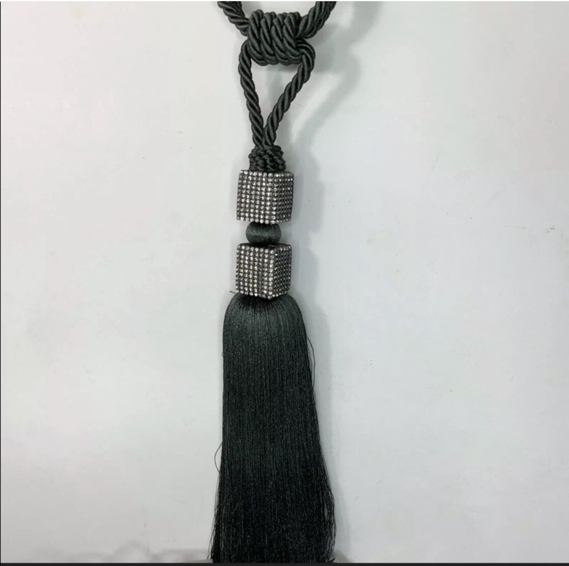 Drape Curtain Tie Backs Rhinestones Dark Gray Long Hollywood Regency #20