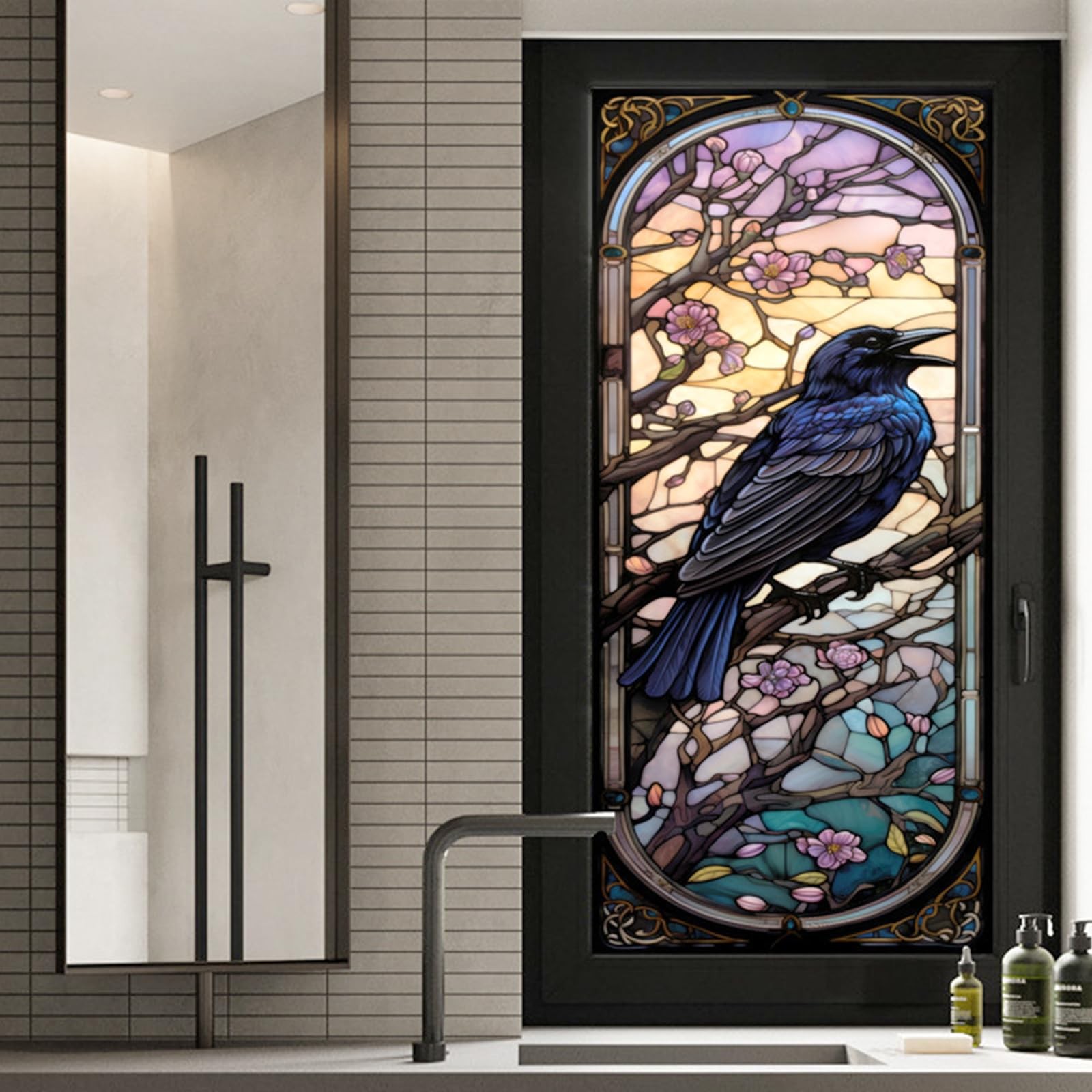 Window Privacy Film Crow Stained Glass Self-Adhesive Two Way Day and Night De…