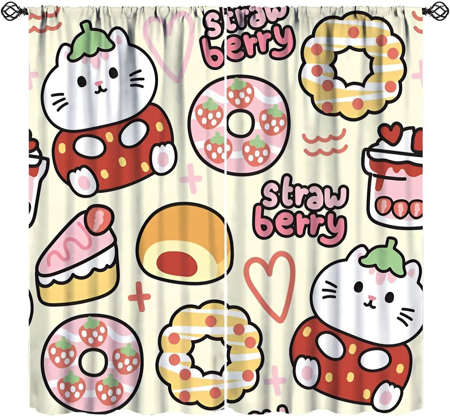 Cute Cat Curtains for Girls, Cartoon Pink Strawberry Cake Donut Kawaii Pet Anima