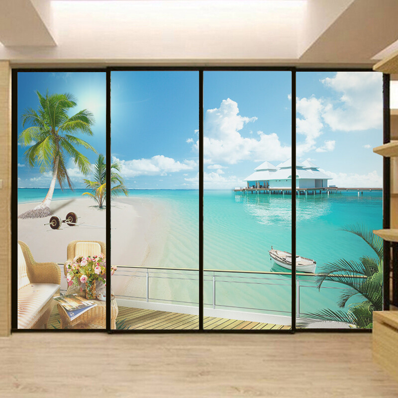 Frosted Window Film Decorative Seaside Scenery Glass Stickers Static NEW