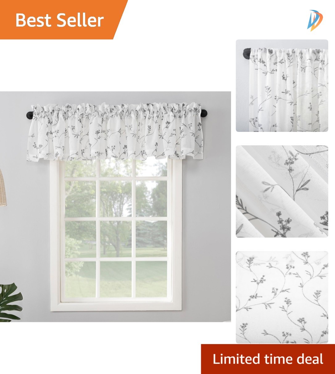 Embroidered Floral Sheer Rod Pocket Valance 50″ x 17″ – White, All-Season Charm
