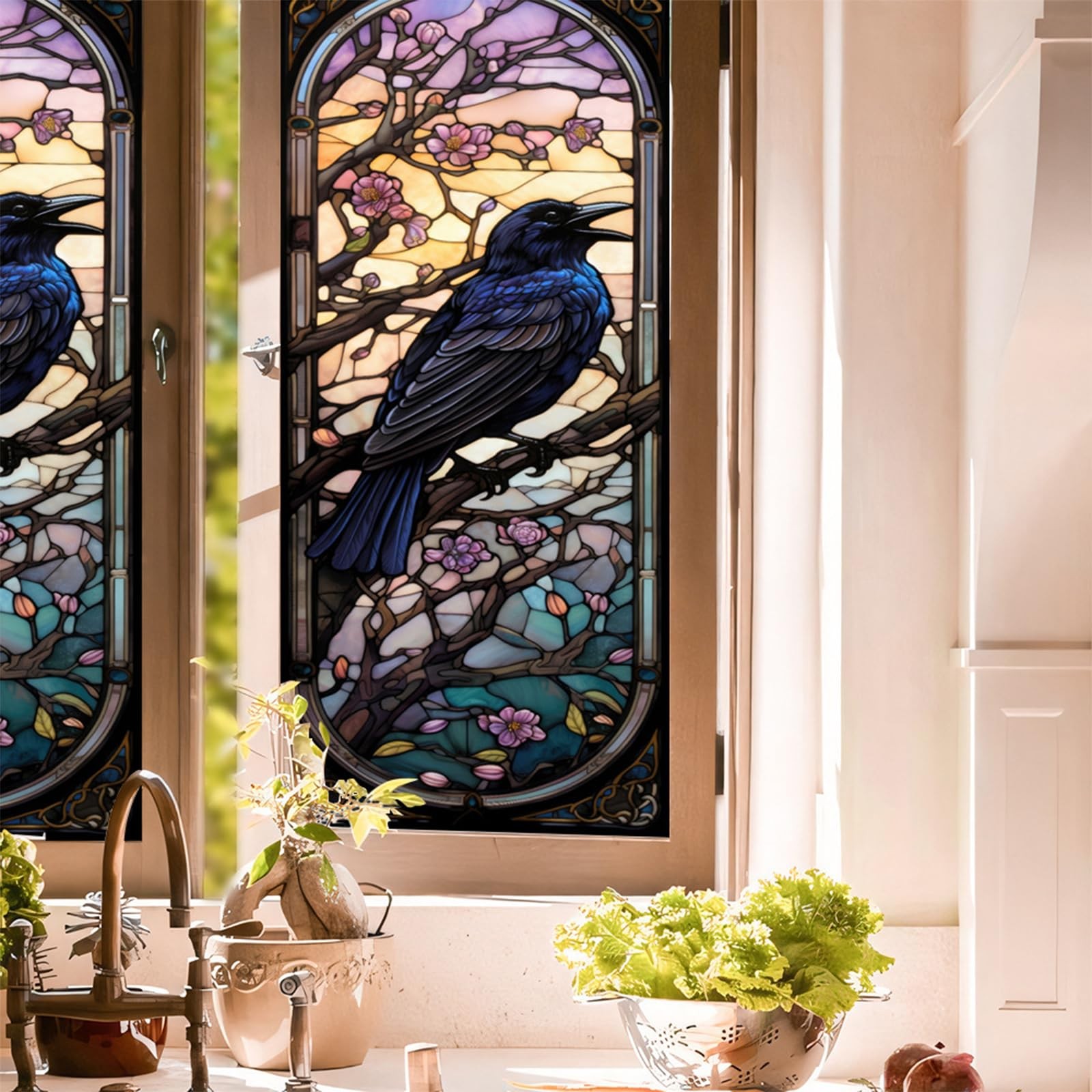 Window Privacy Film Crow Stained Glass Self-Adhesive Two Way Day and Night De…