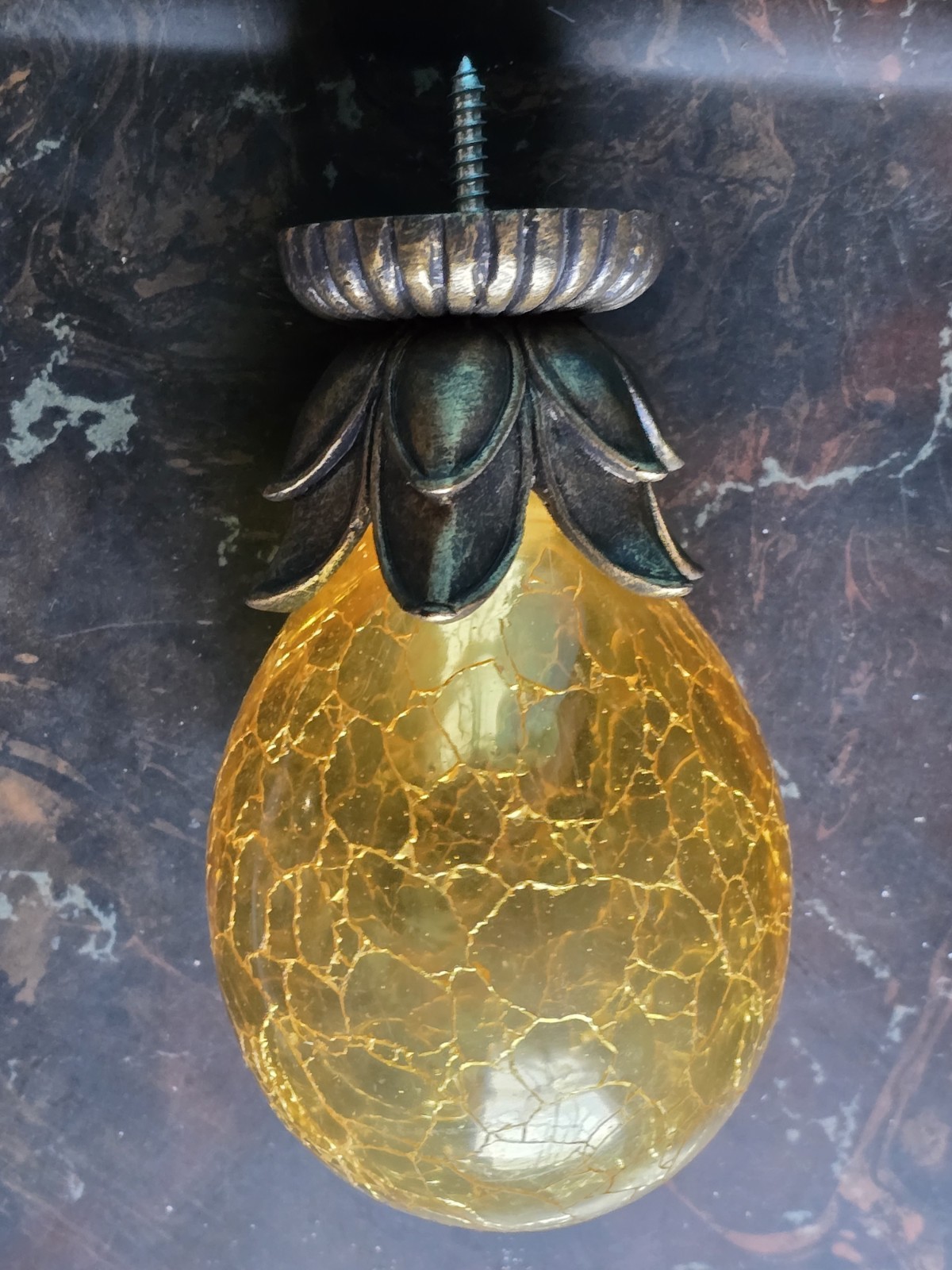 Vintage Style-Pair Faux Wood & Amber Crackle Glass Curtain Rod Finials- Screw On