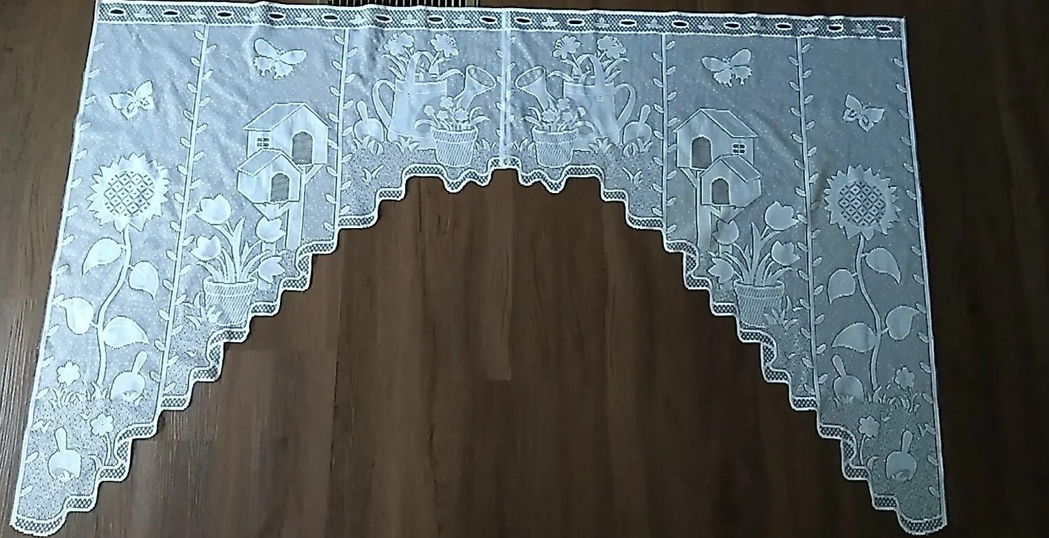 2 Pc WHITE Lace Birdhouse Water Can Sunflower Tulip Curtain Swag Valance 30×36