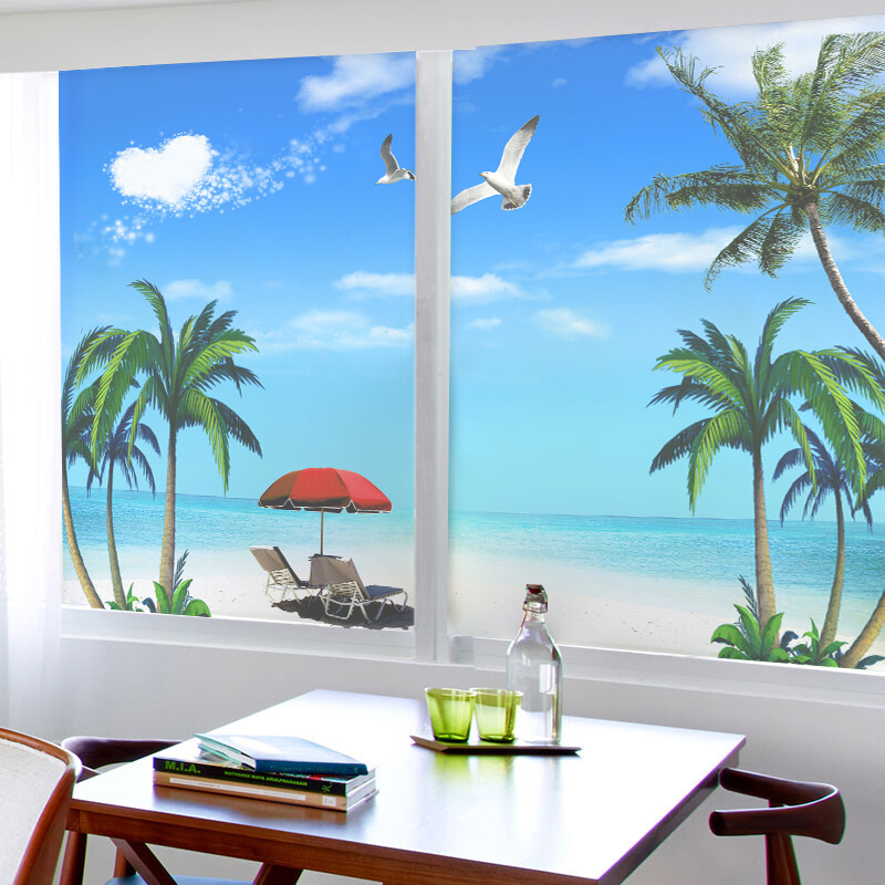 Frosted Window Film Decorative Seaside Beach Glass Stickers Static NEW
