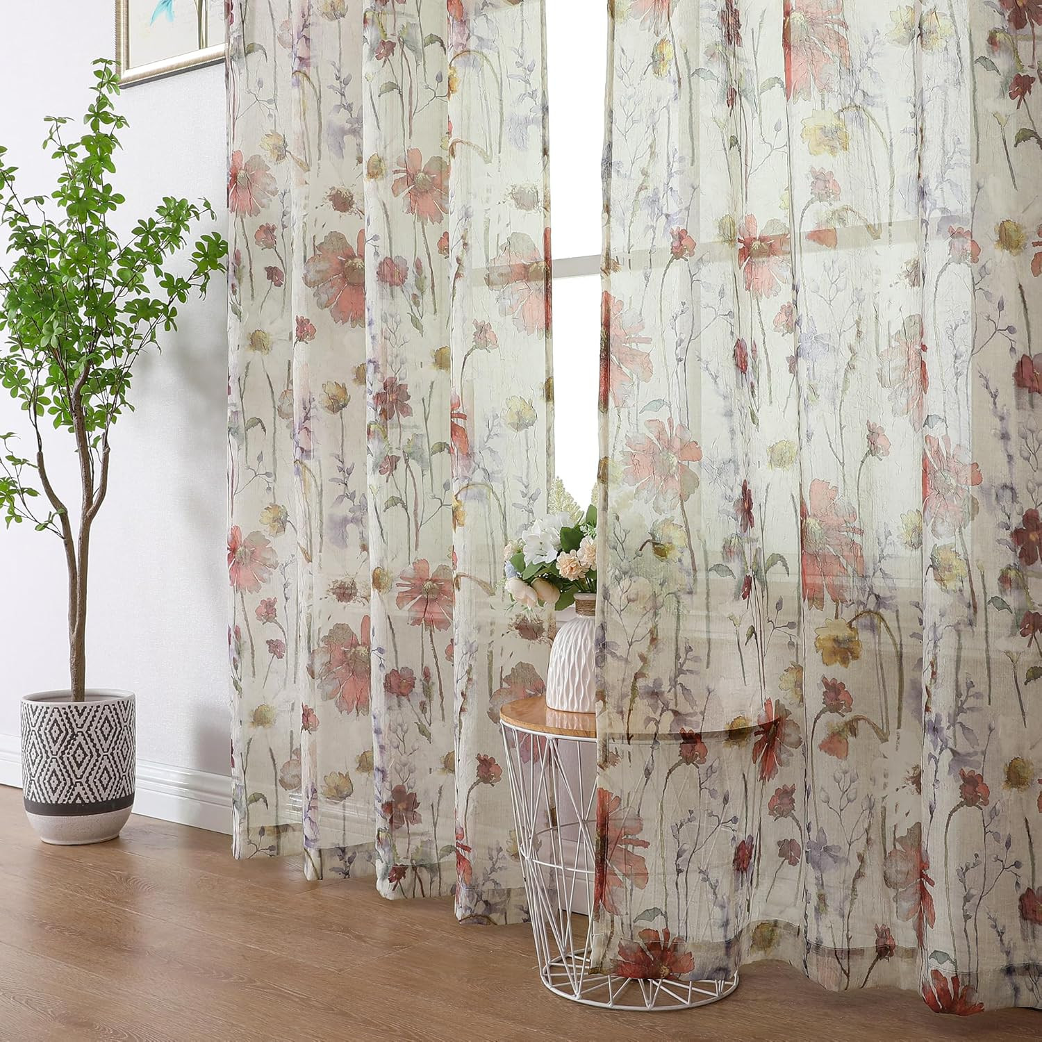 Crushed Semi Sheer Curtains 72 Inches Length 2 Panels, Floral Pattern