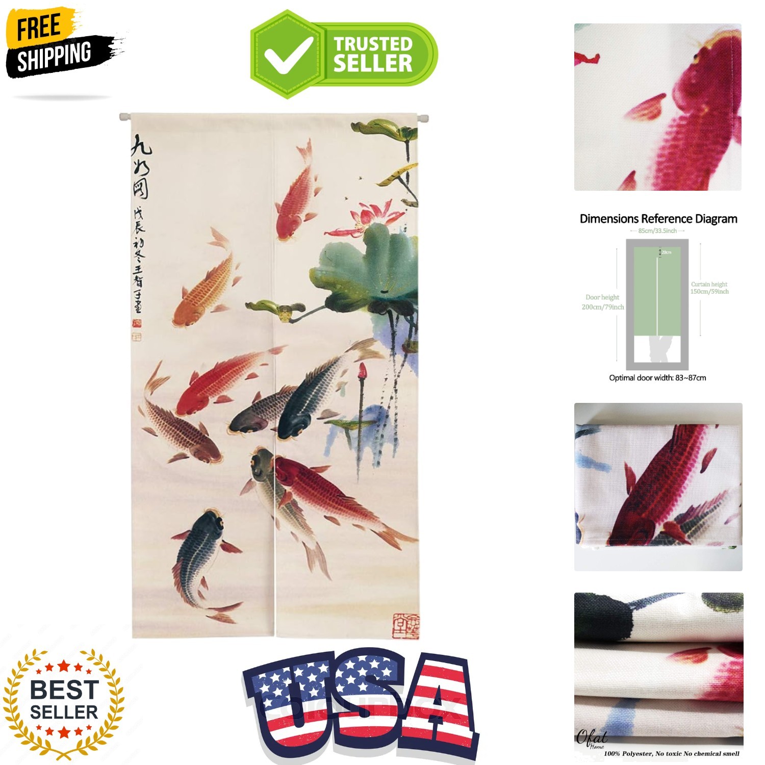 Chinese Ink Painting Koi Fish & Lotus Doorway Curtain – Japanese Noren Lightw…