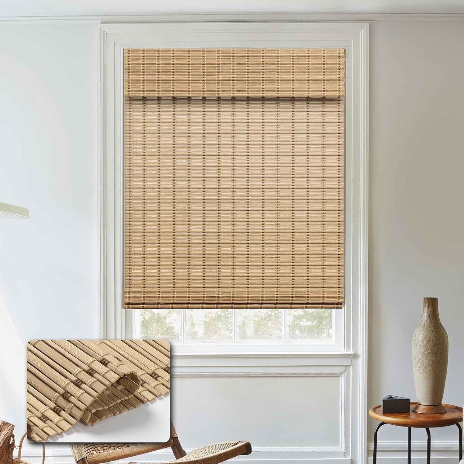 Cordless Bamboo Roman Shades, Light Filtering Bamboo Blinds Shades for Indoor