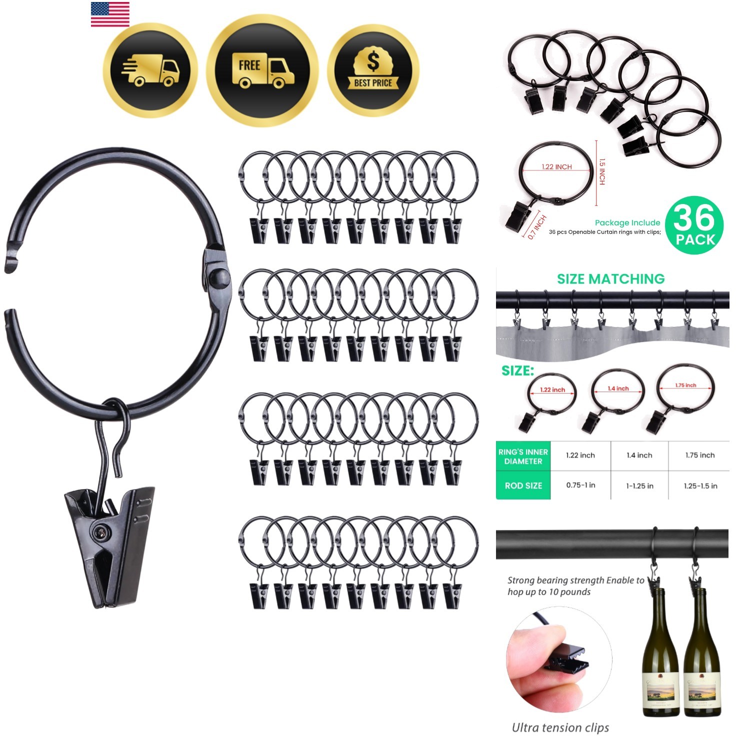 36 Pack Openable Metal Curtain Rings with Clips, 1.22 Inch Interior Diameter,…