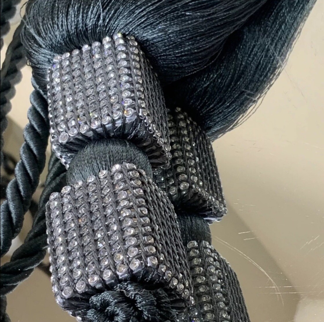 Drape Curtain Tie Backs Rhinestones Dark Gray Long Hollywood Regency #20