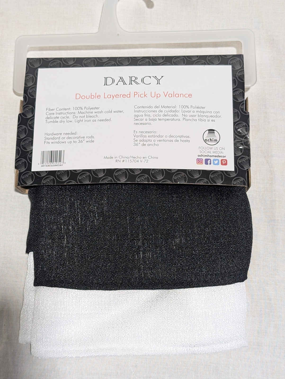 Darcy Window Light Filtering Curtain Valance – 58″ x 14″- Black/White