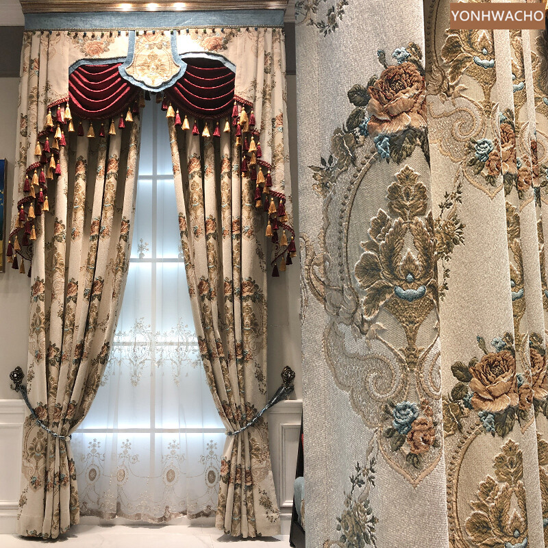 American pastoral chenille thick beige cloth blackout curtain valance drape C806