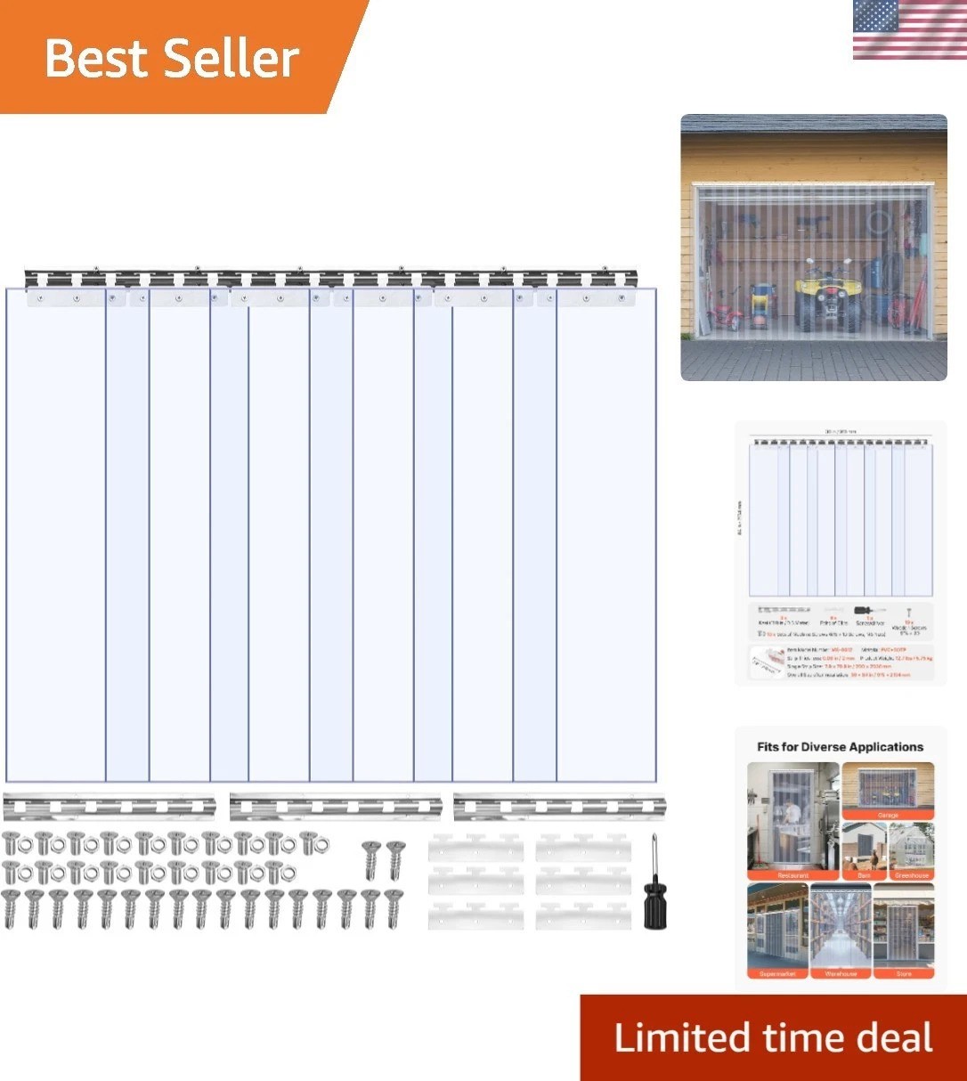 Clear PVC Strip Curtain, 84 in Height x 36 in Width x 0.08 in Thickness, 6 PC…